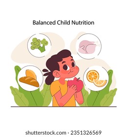 Child nutrition. Balanced diet for healthy child development. Positive parenting. Formation of kid's healthy and integrated personality. Parents support and care. Flat vector illustration