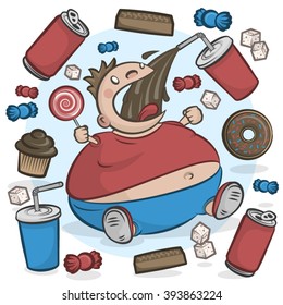 Child obesity graphic. Fat kid eating sugar treats.