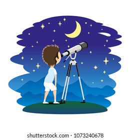 Child Observes The Stars In A Telescope.