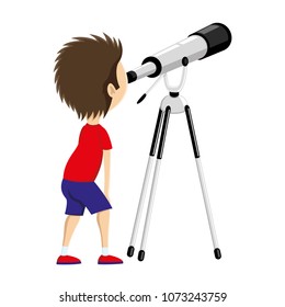 Child observes the stars in a telescope.