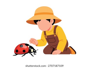 Niño observando mariquita en el sombrero de jardín Ilustración vectorial plana