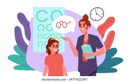 Child at oculist concept. Woman in uniform and girl near vision test. Ophthalmologist selects glasses for vision. Health care and medicine. Cartoon flat vector illustration isolated on background