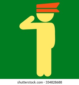 Child Officer vector icon. Style is bicolor flat symbol, orange and yellow colors, rounded angles, green background.