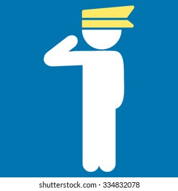 Child Officer vector icon. Style is bicolor flat symbol, yellow and white colors, rounded angles, blue background.
