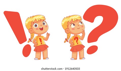 Child on the background of a question mark and exclamation mark. Big question and solution. Funny cartoon character. Vector illustration. Isolated on white background