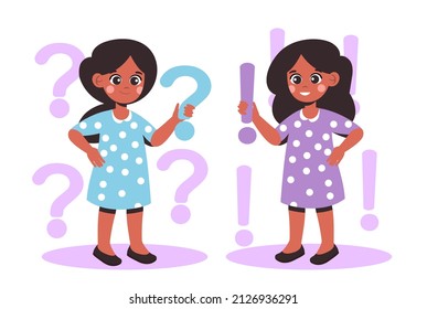 Child on background. Two girls hold out punctuation marks. Decisive and indecisive character. Question or action, abstract image, graphic elements for website. Cartoon flat vector illustration