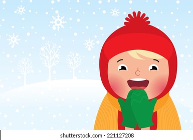 Child on a background of a winter landscape and falling snow