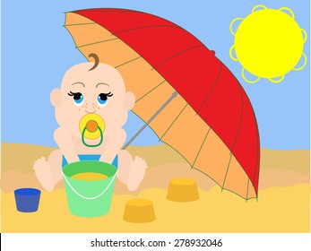 child on the beach under an umbrella