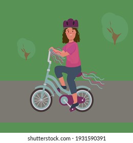 A child on a bicycle and wearing a helmet. Illustration of a girl riding a bicycle in a park. Poster of a teenager's transport for a walk. Vector illustration