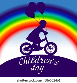 Child on Bike with balloons - Illustration. Bicycle, Child, Cycling, Silhouette, Riding