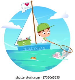 CHILD ON BOAT COLLECTING PLASTIC IN THE OCEAN