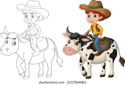 Child on a cow with cowboy hat