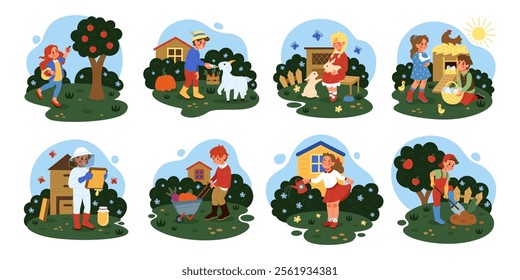 Child on farm. Baby in garden. Kid farmer. Children eating fruit. Farming animals. Honey hive. Little agriculture worker gardening. Vegetables harvest. Watering flowers. Vector tidy illustrations set