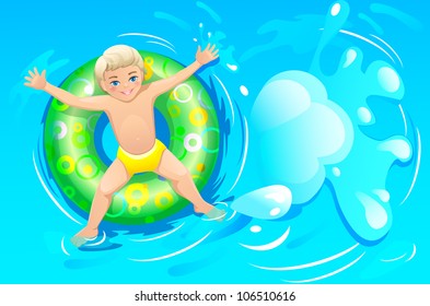 Child on inflatable ring in swimming pool