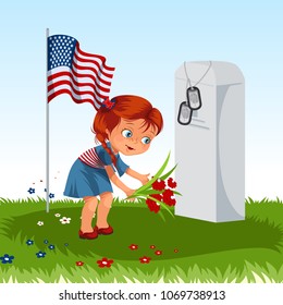 Child on military cemetery, little girl lays flowers on grave war veteran, children honoring memory fallen heroes, americans tokens and us flag vector illustration