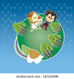 Child on planet earth with illustrations; trees and Housing. Sustainability.