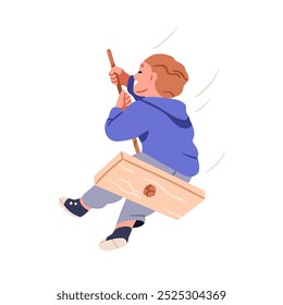 Child on single-rope swing. Happy excited boy enjoying outdoor fun activity. Joyful kid playing with joy, smile. Cheerful cute character. Flat vector illustration isolated on white background