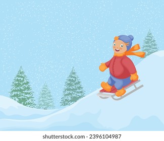 A child on a sleigh. A cute winter illustration depicting a cheerful child rolling down a slide on a sleigh. Winter landscape with a boy riding down a snow slide. Vector illustration