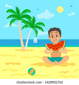 Child on summer vacations vector, kid eating watermelon fruit, slice with seeds. Fruity meal on beach, sailboat and palm trees foliage, ball on sand