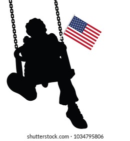 child on a swing with an American flag on white background