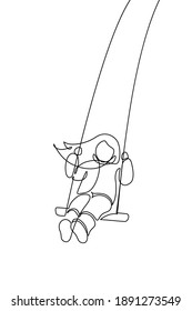 Child on a swing in continuous line art drawing style. Black linear sketch isolated on white background. Vector illustration
