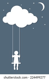 Child on swings hanging from cloud in paper cutout style