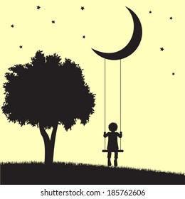 Child on swings hanging from moon and tree silhouettes