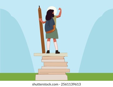 Child on the tower of books. Back to school. Happy cute kid standing on the tower of books and holding a huge pencil. Concept of education and reading. strong development of the imagination.