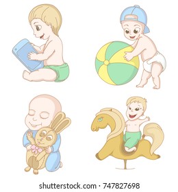 A child on a toy horse, holding a phone, playing with a ball, hugging a soft toy hare. A set of four color vectors