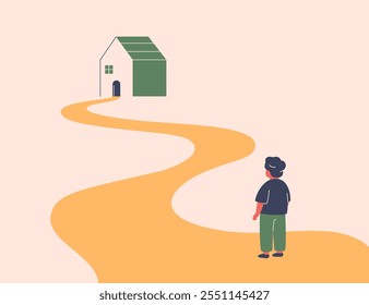 Child on the way home. Boy in the begging of long road to the safe space. Metaphor of to get family, stability, community for orphans and abandoned kids. Foster and parental care concept.