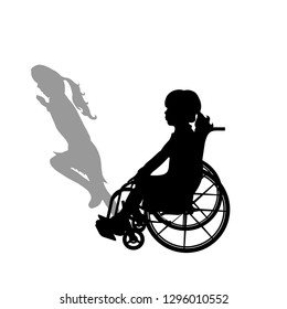 Child on wheelchair with shadow of healthy child who rund away. Vector silhouette on white background. Illustration of girl recover symbol.