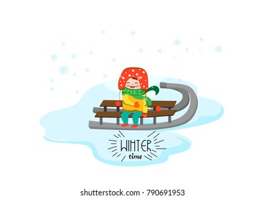 Child on winter sledge having fun. Cute vector illustration.