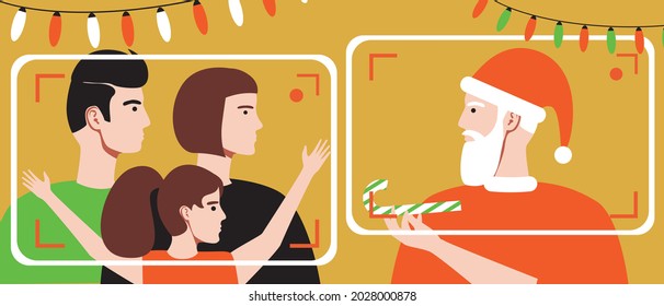 Child online, christmas video call with santa claus. Flat vector stock illustration. Parents are online. The child is happy. Santa's Christmas. Party with social distancing. Christmas illustration