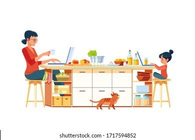 Child online education, while his mother is working on a computer on kitchen. Business mother with her kid with at a laptop at home in quarantine pandemic. Cartoon vector illustration isolated