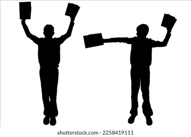 A child opened his arms wide with notebooks and raised his hands high with folders, and notebooks. Schoolchildren's joy. Black silhouette of a teenager of school age looking at the viewer. Front view	