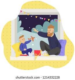 child opens Christmas gift, dad gave plane, dad and son sit together on window, Christmas eve vector illustration