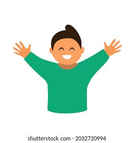 The child opens his arms for a hug. A cute boy with a wide smile. Vector clip-art illustration in flat style