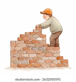 A child in an orange cap, dressed in a light beige shirt and pants, is depicted placing bricks on a stepped brick wall. The wall is composed of various shades of orange and beige bricks.