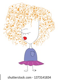A child with orange curly hair purple dress standing straight vector color drawing or illustration 
