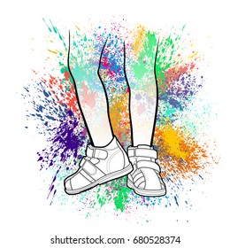 Child orthopedic line art shoes on color splash background vector illustration