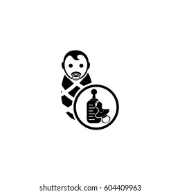 Child with a pacifier and bottle. Baby vector icon on white background.
