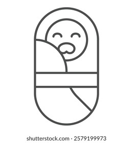 Child with pacifier thin line icon, mother day concept. Vector graphics. Baby in cloth with ribbon belt sign on white background, outline style icon for mobile or web design