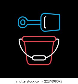 Child pail and shovel isolated vector on black background icon. Graph symbol for children and newborn babies web site and apps design, logo, app, UI