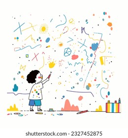 A child painting a colorful mural on a school wall, vector illustration