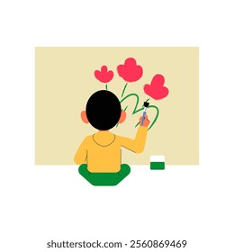 Child Painting Flowers On A Wall In Flat Vector Illustration Symbolizing Creativity, Expression, And Childhood Art, Isolated On White Background.