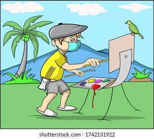 a child is painting outside the house