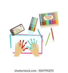 Child Painting With Palms Illustration  Only Hands Visible From Above