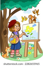 child painting in the park cartoon vector