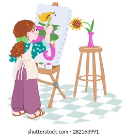 Child Painting a Sunflower
A young girl stands at an easel and paints an abstract sunflower from a still life. Sweet whimsical , scalable vector illustration.
