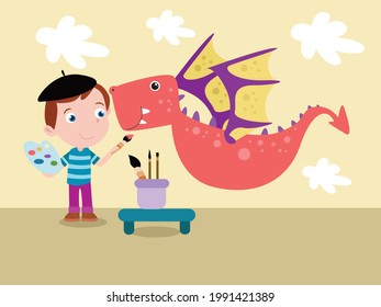 Child painting vector concept. Boy painting dragon with brush on the wall at home